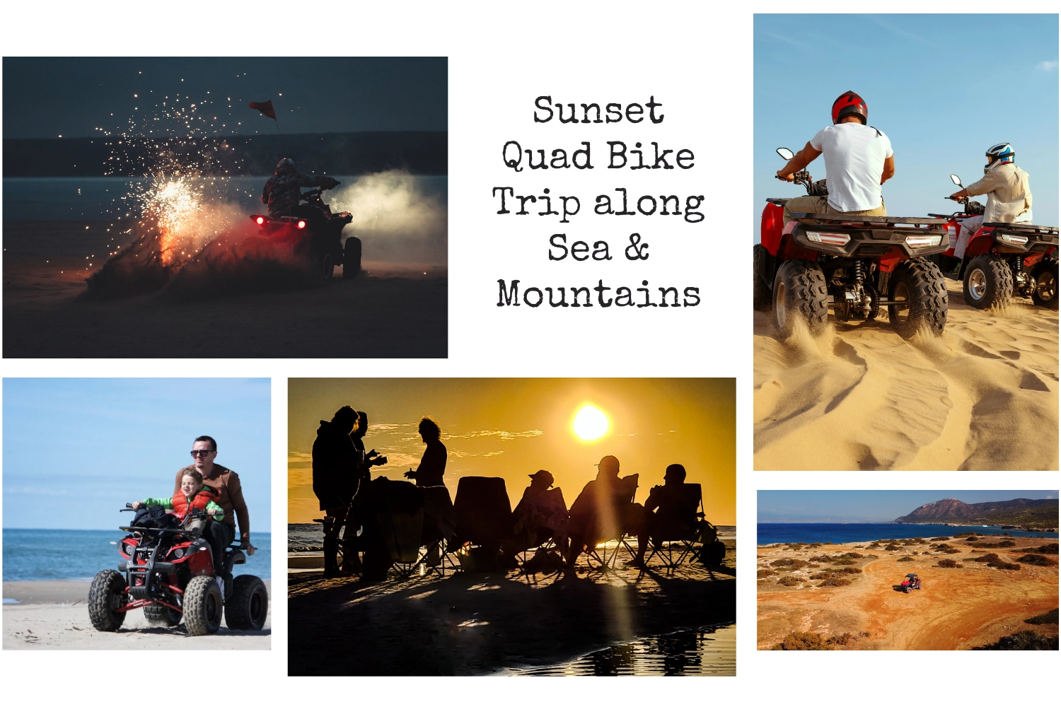 Coucher de soleil en quad le long de la mer et des montagnes